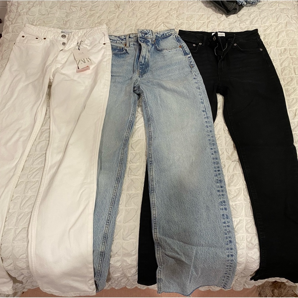 three pairs of zara full length jeans